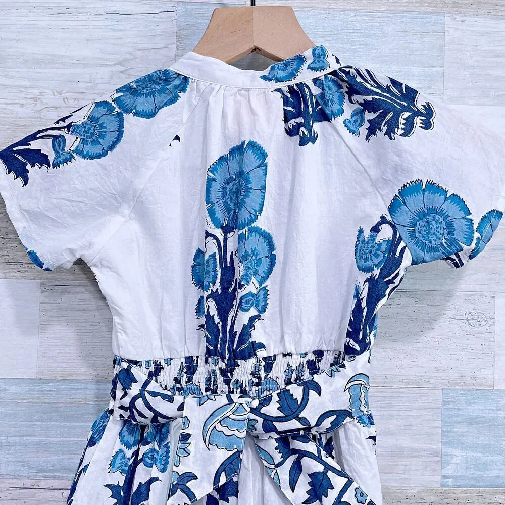 Victoria Dunn Gauze Knit Floral Smocked Waist Dress White Blue Toddler Girl 4T